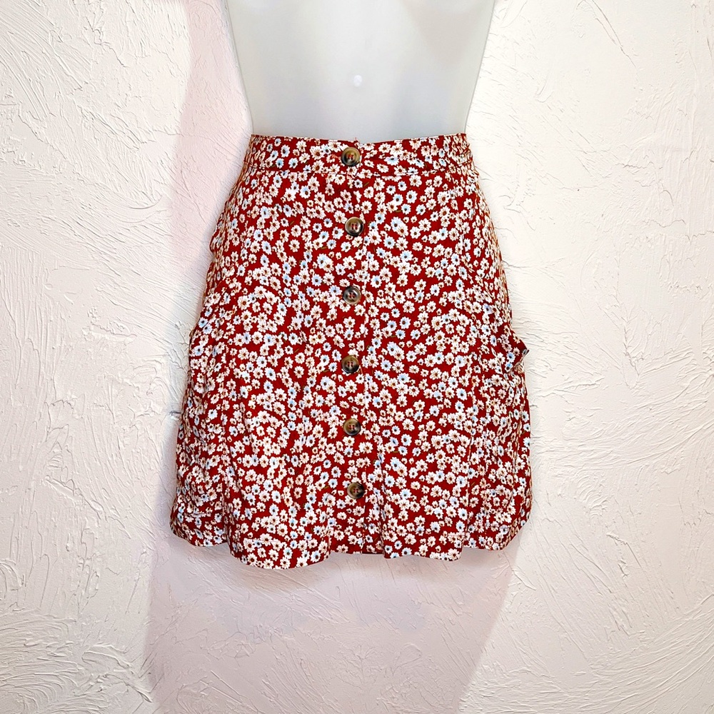 Rust Floral Mini Button Down Skater Skirt Womens 9 Floaty Casual Fall - Picture 1 of 8